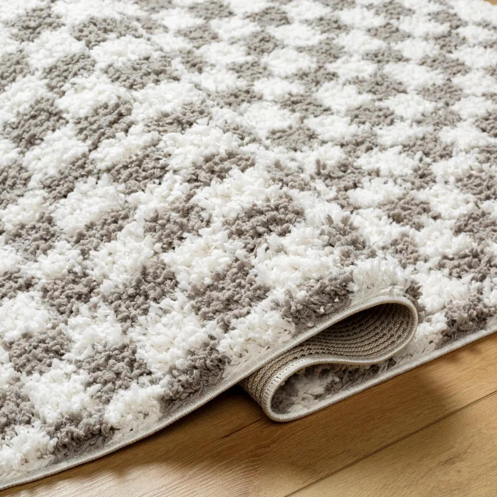 Kittu Shaggy Modern Plush Pile Light Grey Checkered Rug - Image 4