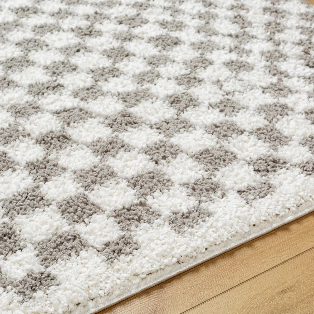 Kittu Shaggy Modern Plush Pile Light Grey Checkered Rug - Image 6