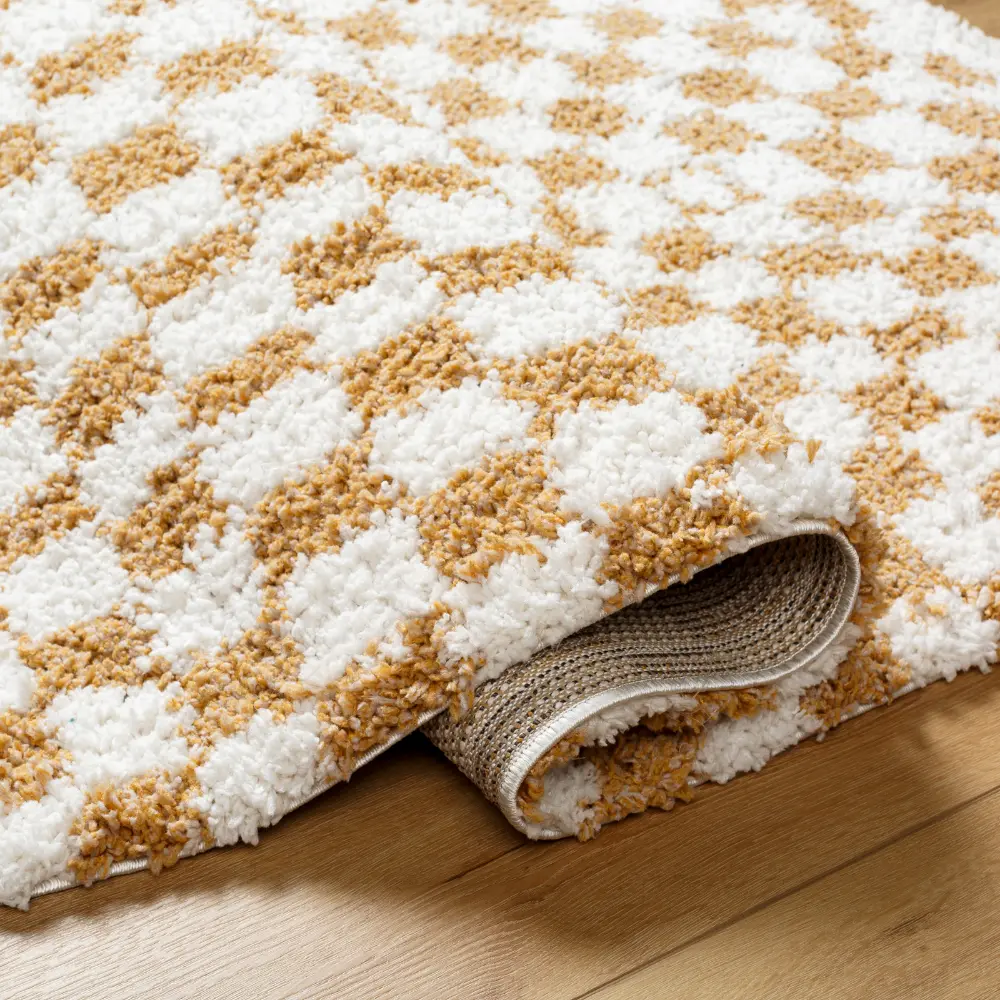 Kittu Shaggy Modern Plush Pile Saffron Checkered Rug - Image 2
