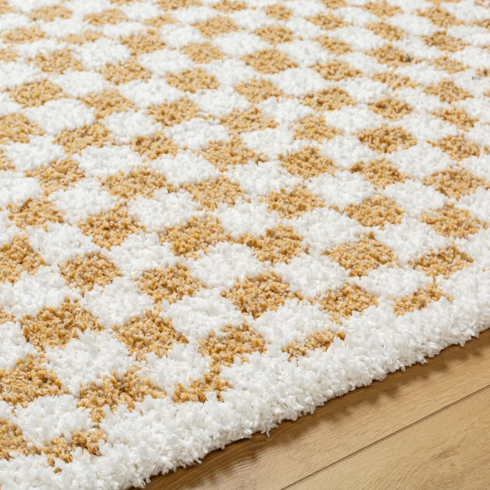 Kittu Shaggy Modern Plush Pile Saffron Checkered Rug - Image 3