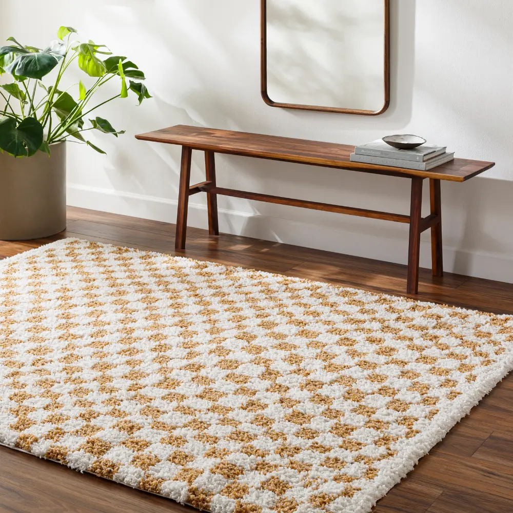 Kittu Shaggy Modern Plush Pile Saffron Checkered Rug - Image 4