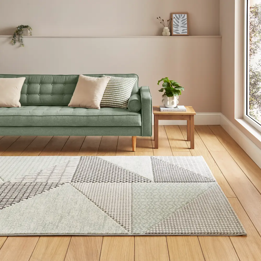 Catherine Lansfield Larsson Geo Sage Green/Grey - Washable - Image 2