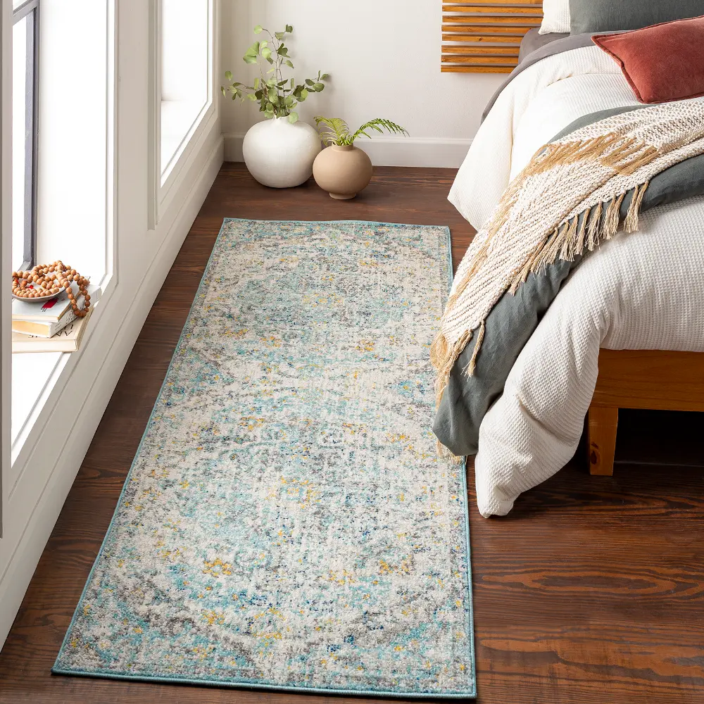 Lou Vintage Oriental Boho Cream/Teal/Yellow Rug - Image 2