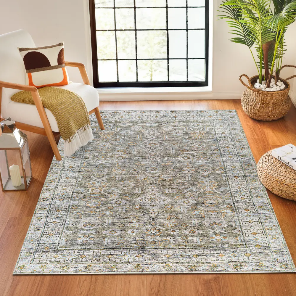 Darling Becki Owens X Livabliss Machine Washable Oriental Boho Khaki/Light Silver Rug - Image 8
