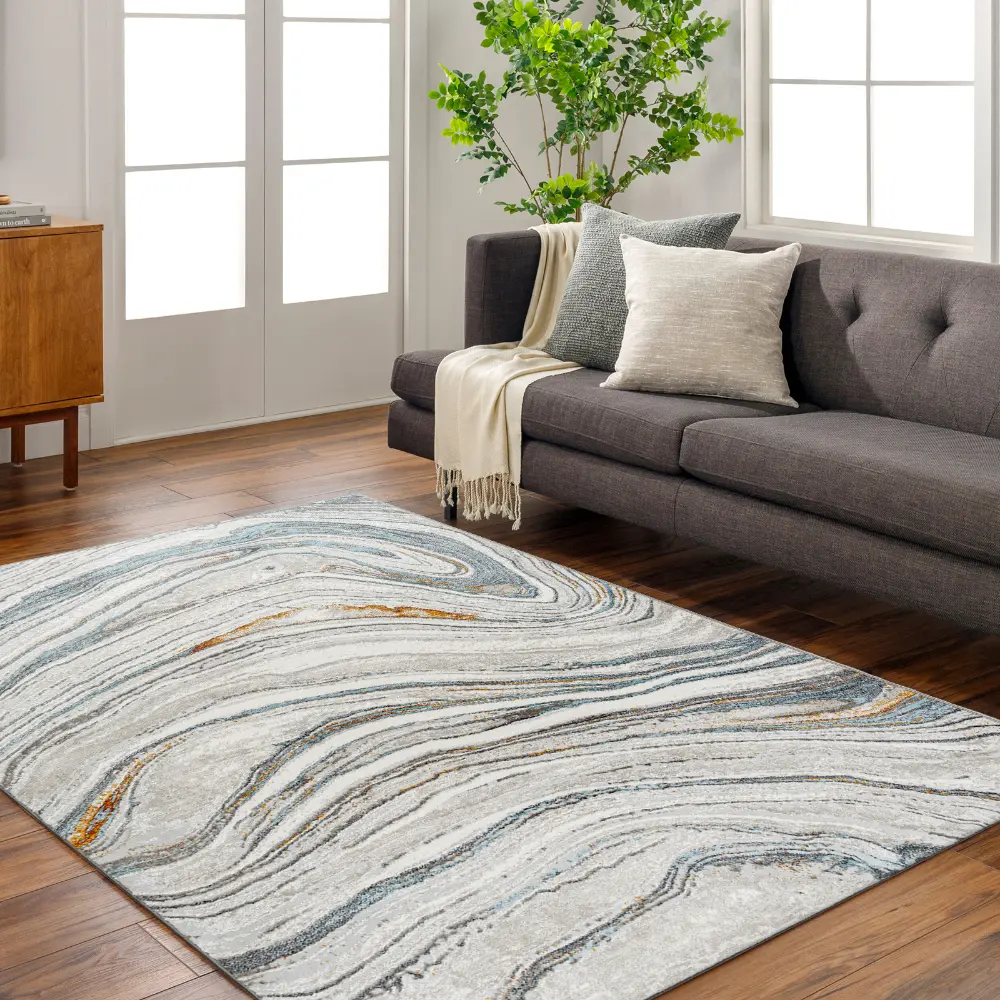 Makayla Abstract Modern Marble Sky Blue/Beige Rug