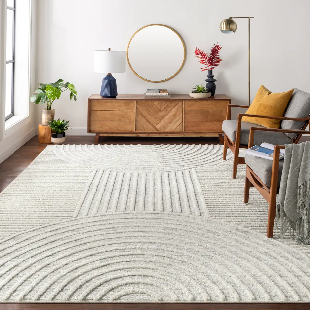 Matilda Scandi Modern High Pile Ivory/Grey Rug - Image 2