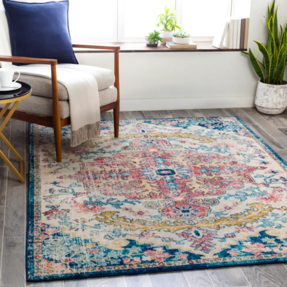 Maverick Vintage Oriental Boho Sky Blue/Garnet Rug - Image 7