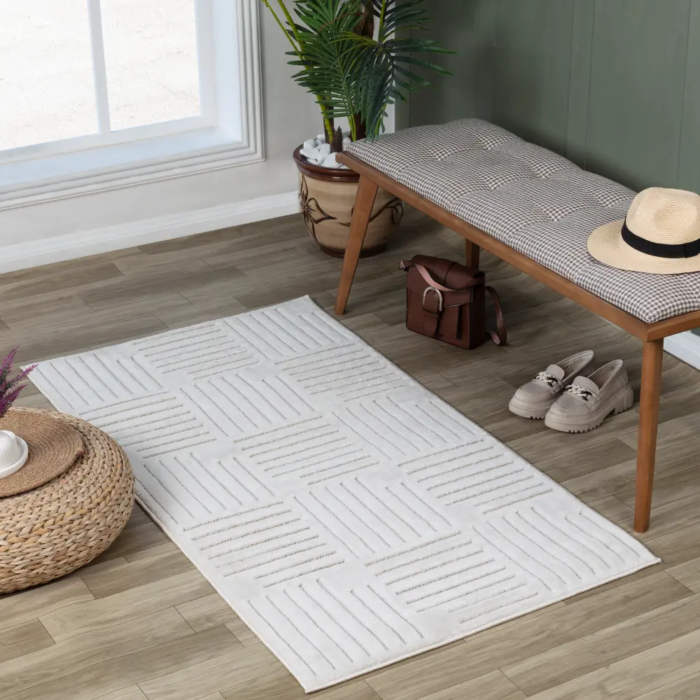 Midori In- & Outdoor 3D High & Low Pile Textured White Rug - Image 10