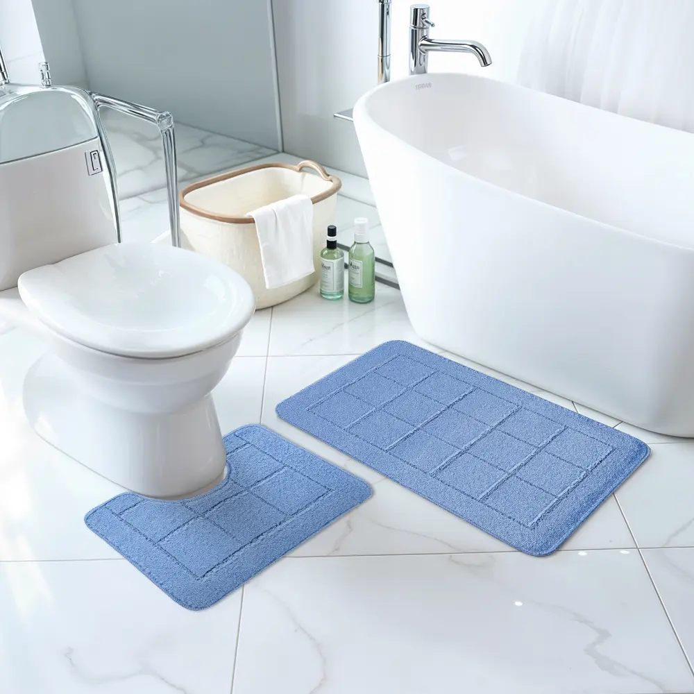 Noelle 2-Piece Machine Washable Non-Slip Blue Bathroom Rug Set - Image 9