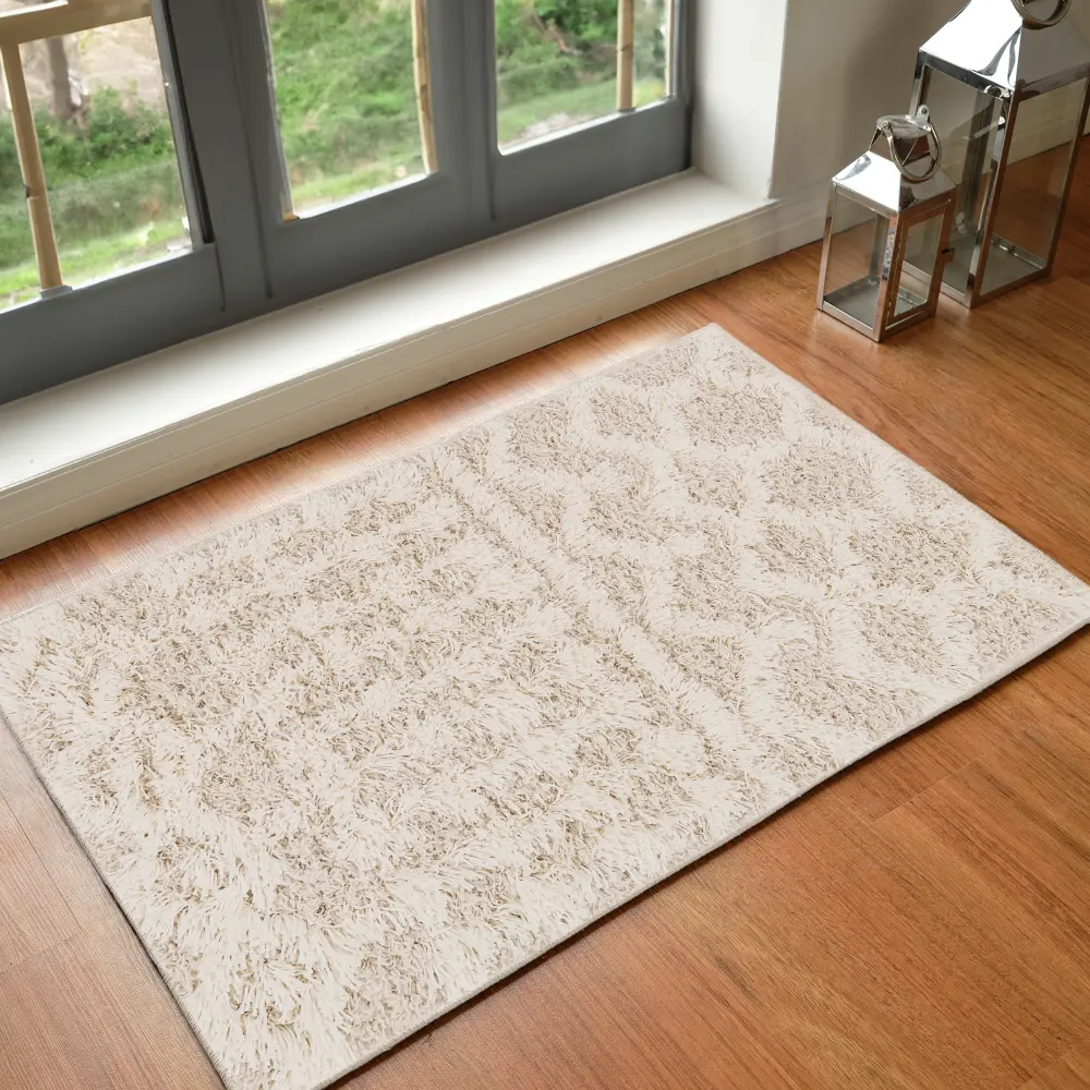 Nour Shaggy Geometric Plush Pile Cream Beige Rug - Image 13