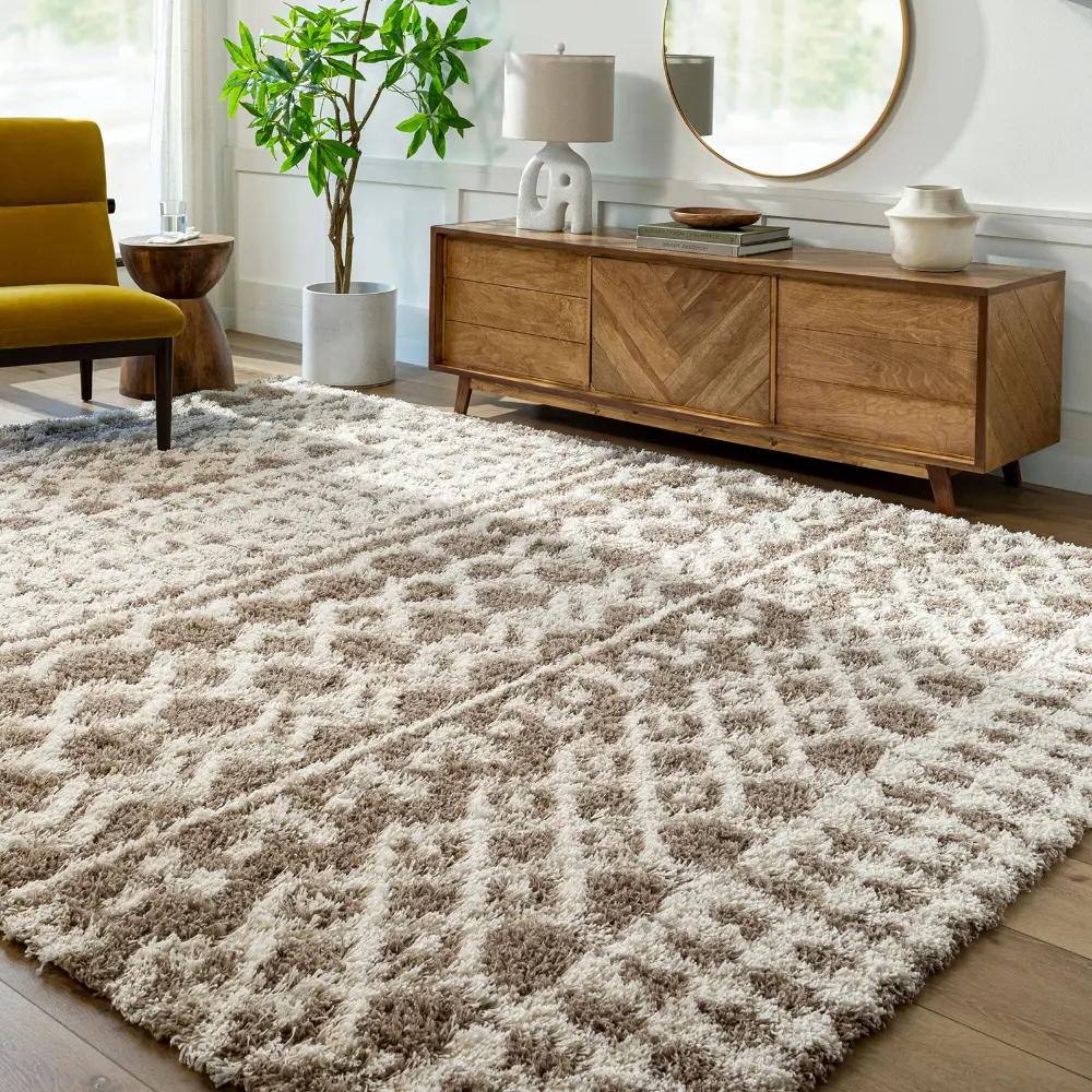 Nour Shaggy Geometric Plush Pile Taupe Rug - Image 2