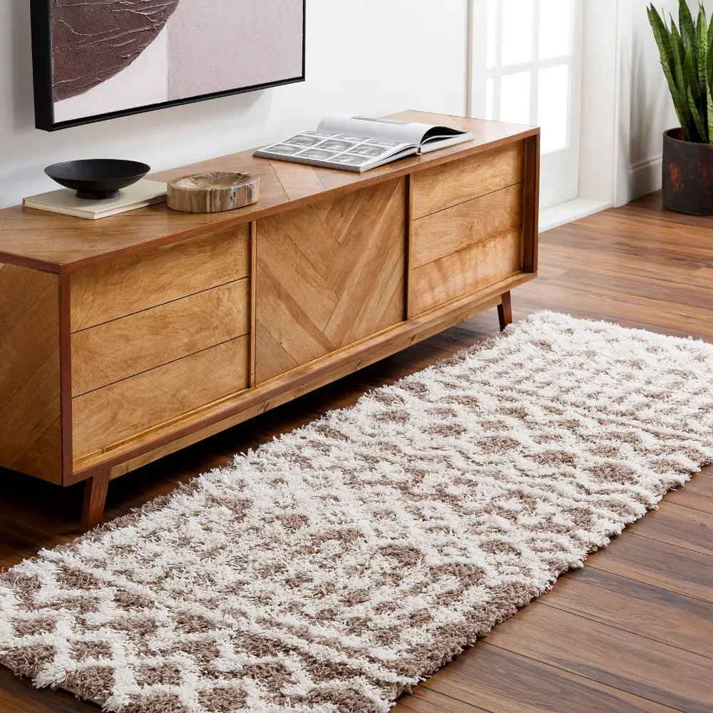 Nour Shaggy Geometric Plush Pile Taupe Rug - Image 4