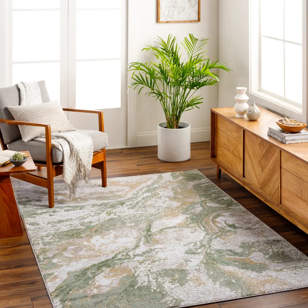 Octavia Abstract Modern Marble Moss Green Rug - Image 3