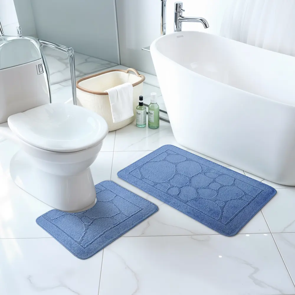 Olive 2-Piece Machine Washable Non-Slip Blue Bathroom Rug Set