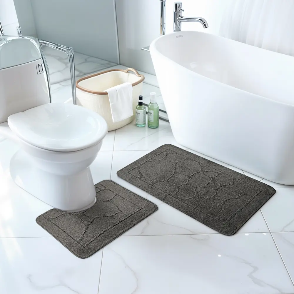 Olive 2-Piece Machine Washable Non-Slip Dark Grey Bathroom Rug Set