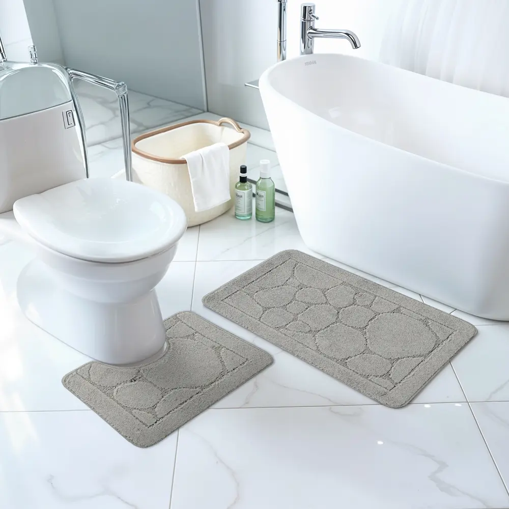 Olive 2-Piece Machine Washable Non-Slip Light Grey Bathroom Rug Set