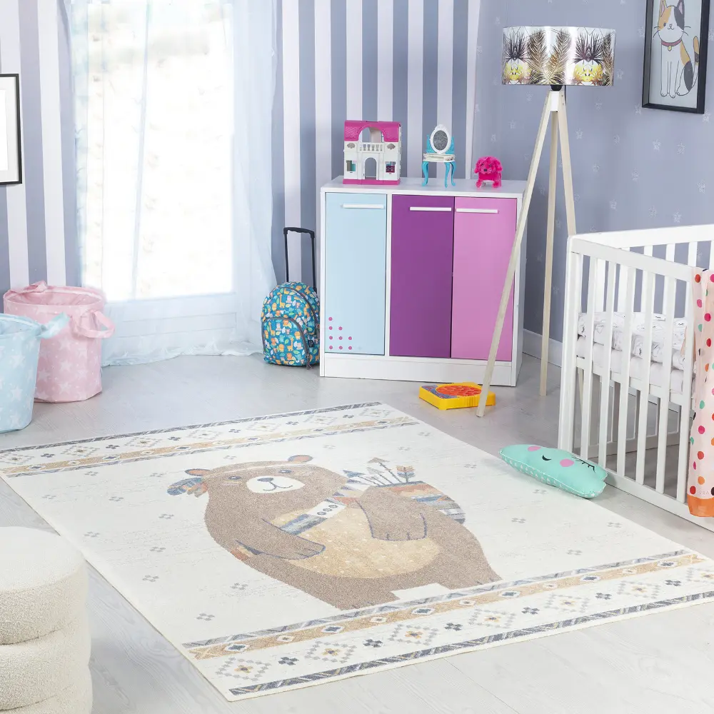 Oursigene Kids Machine Washable Beige/Brown Bedroom Rug - Image 10