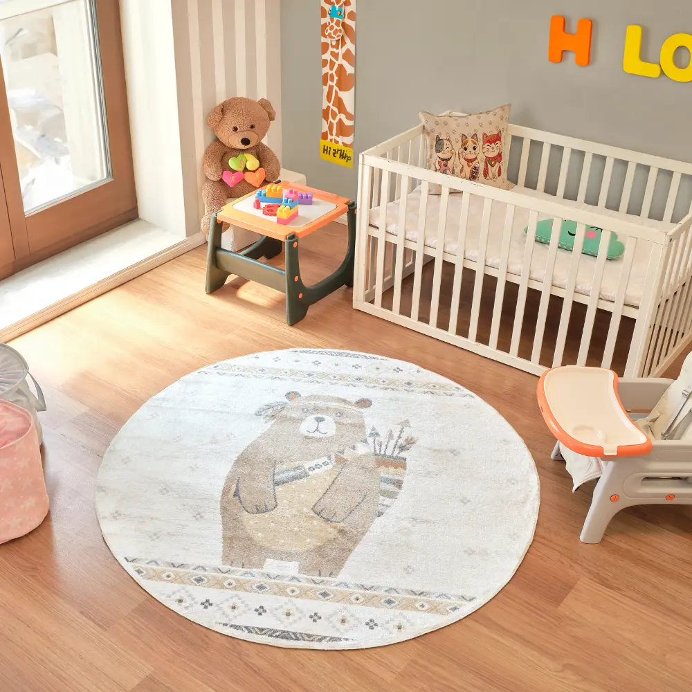 Oursigene Kids Machine Washable Beige/Brown Bedroom Rug - Image 3