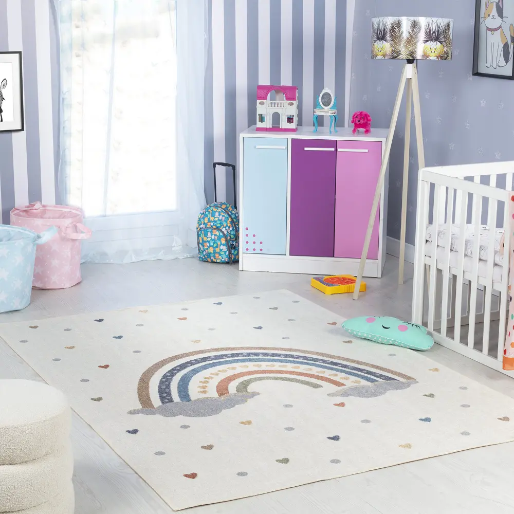 Raini-Bow Kids Machine Washable Multicolour Bedroom Rug