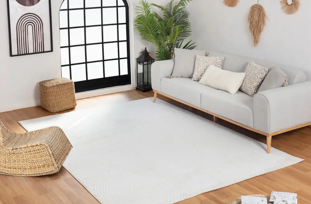 Reyko In- & Outdoor 3D High & Low Pile Textured White Rug