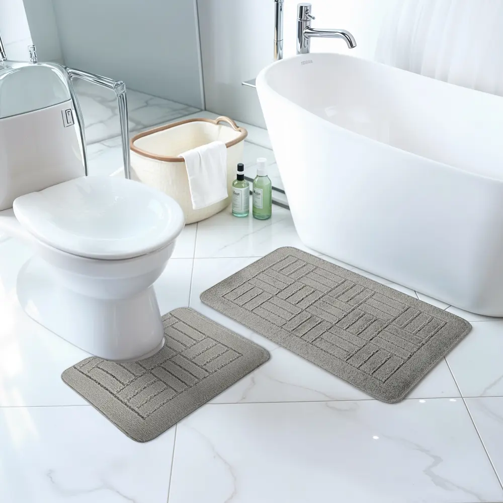 Royal 2-Piece Machine Washable Non-Slip Light Grey Bathroom Rug Set