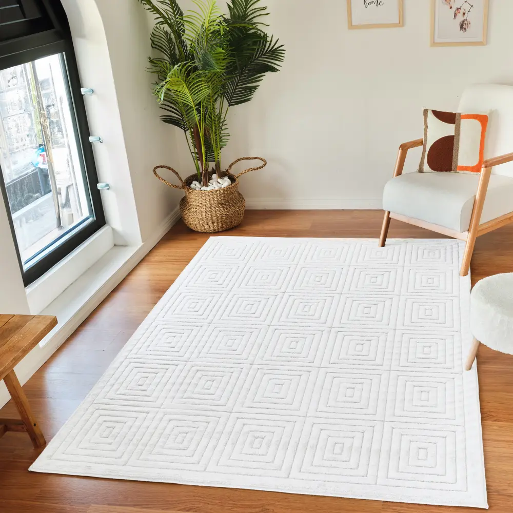 Sakura In- & Outdoor 3D High & Low Pile Textured White Rug