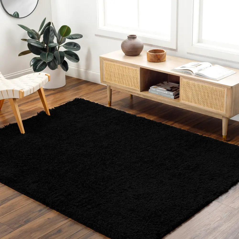 Soso Shaggy Solid Color Plush Pile Black Rug