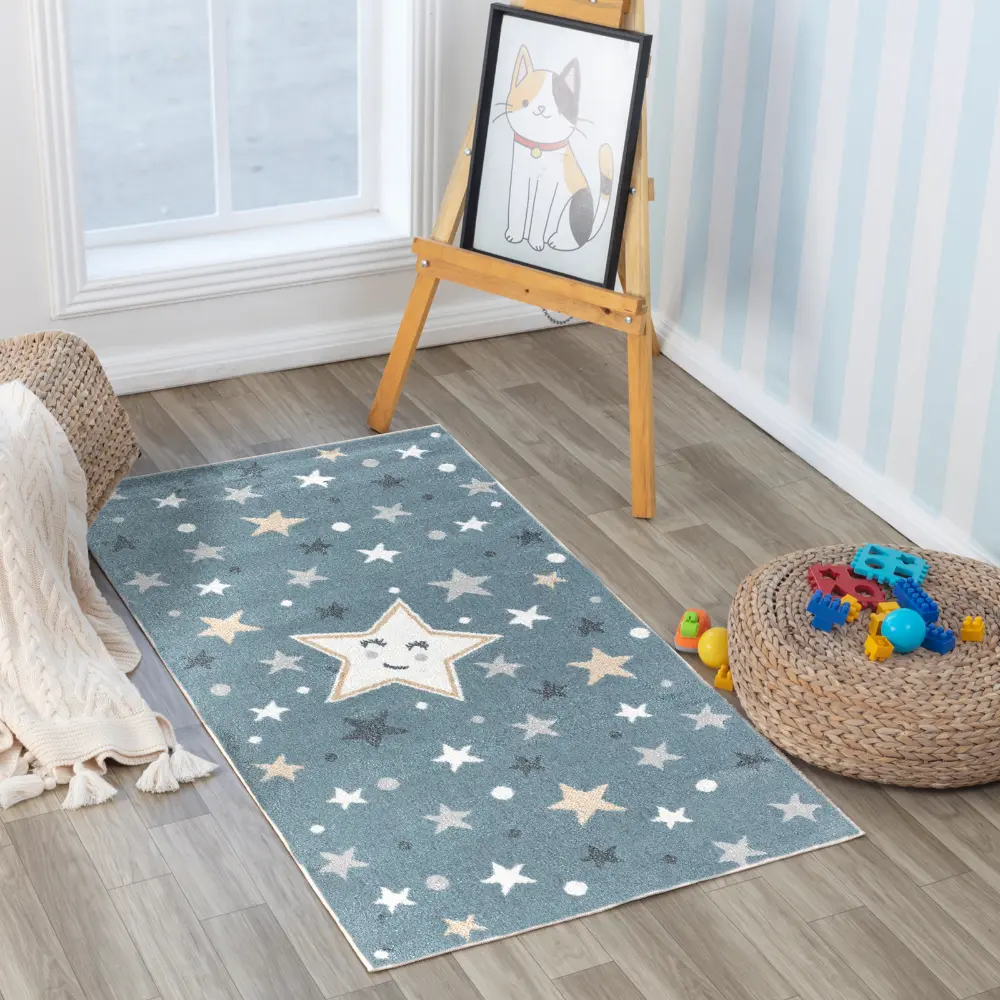 Supermama Kids Machine Washable Blue/Beige Bedroom Rug - Image 2