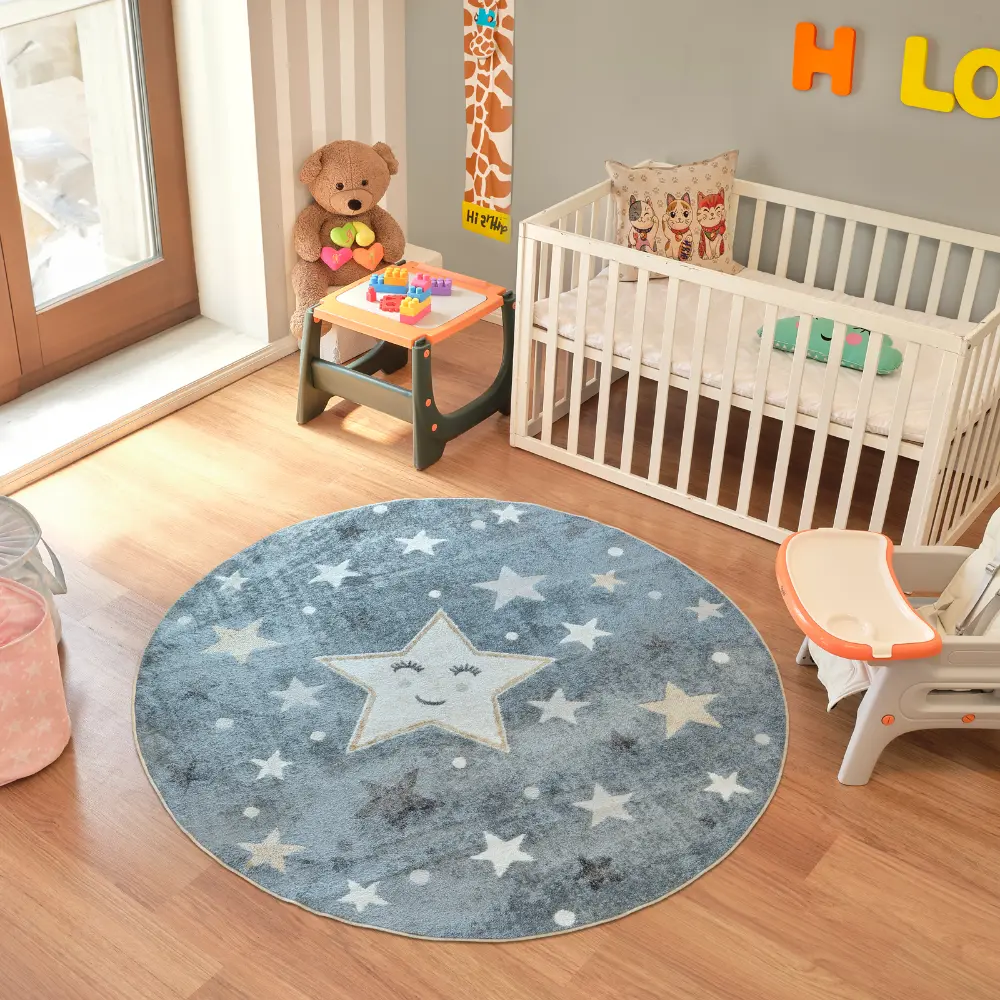 Supermama Kids Machine Washable Blue/Beige Bedroom Rug - Image 6