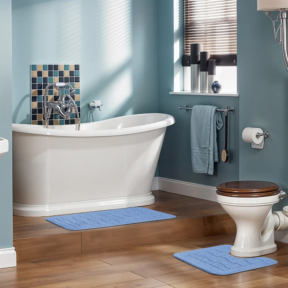 Tegan 2-Piece Machine Washable Non-Slip Blue Bathroom Rug Set - Image 4