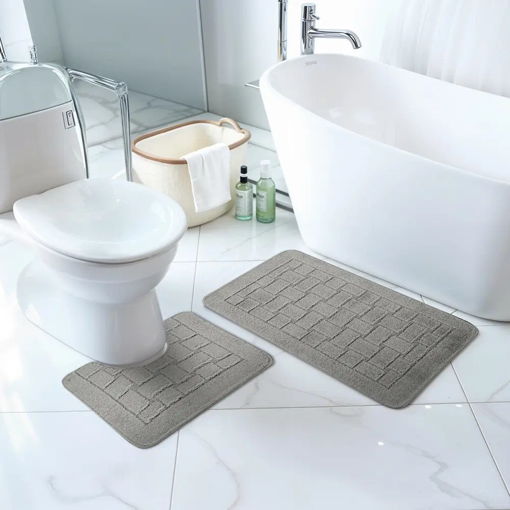 Tegan 2-Piece Machine Washable Non-Slip Light Grey Bathroom Rug Set