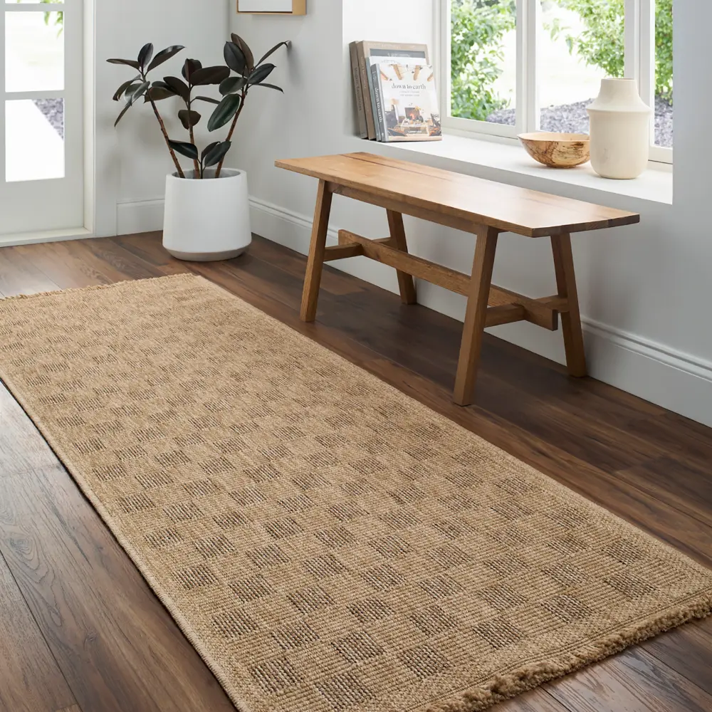Tori In- & Outdoor Cottage Jute-Look Light Brown Checkered Rug - Image 2
