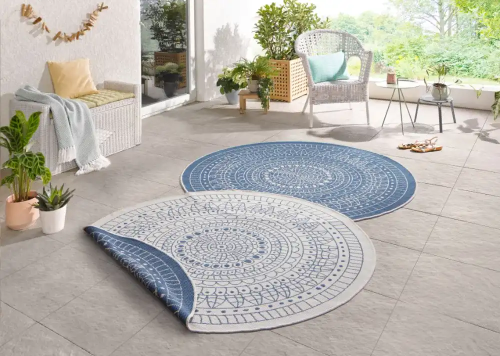 Twin Reversible Circles Indoor Outdoor 103104 Blue Cream Rug - Image 4