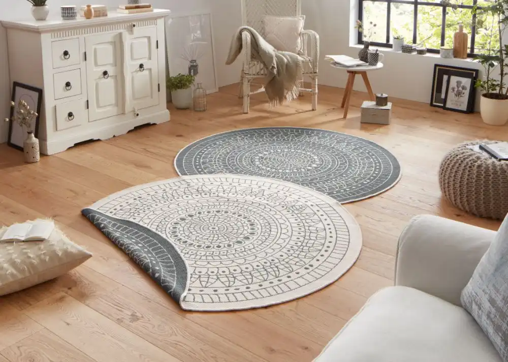 Twin Reversible Circles Indoor Outdoor 103143 Grey Cream Rug