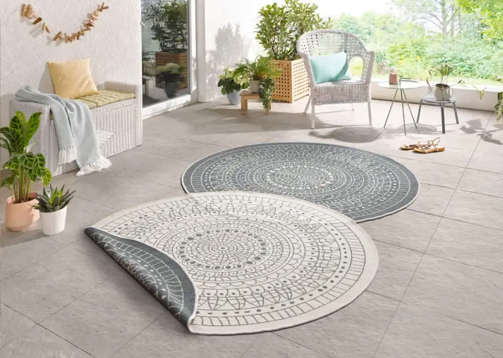 Twin Reversible Circles Indoor Outdoor 103143 Grey Cream Rug - Image 5