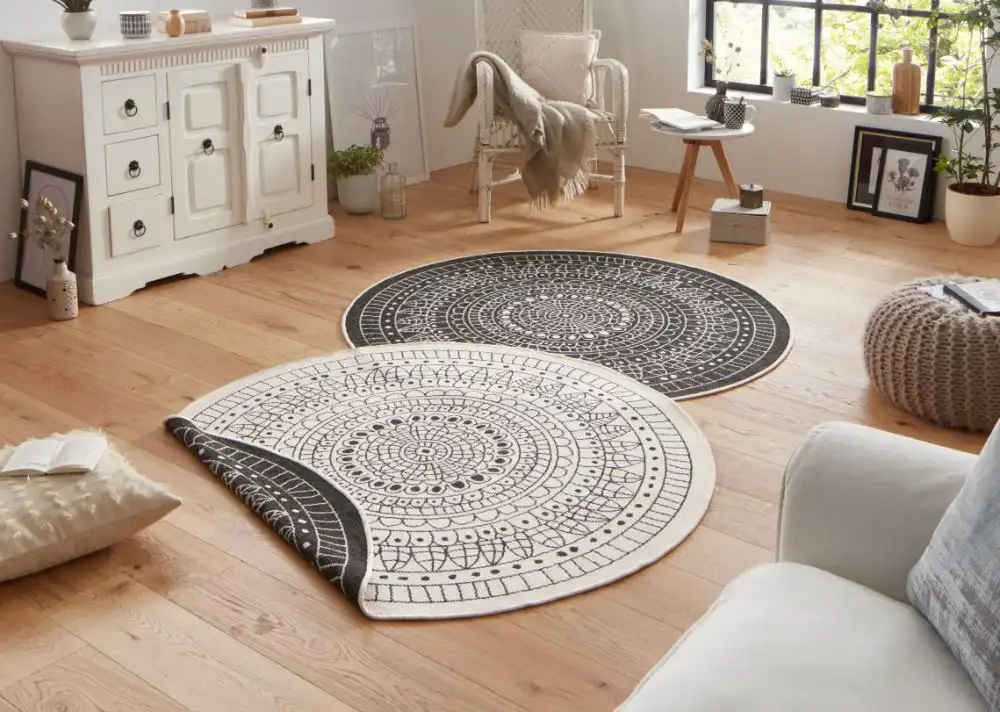 Twin Reversible Circles Indoor Outdoor 103101 Black Cream Rug
