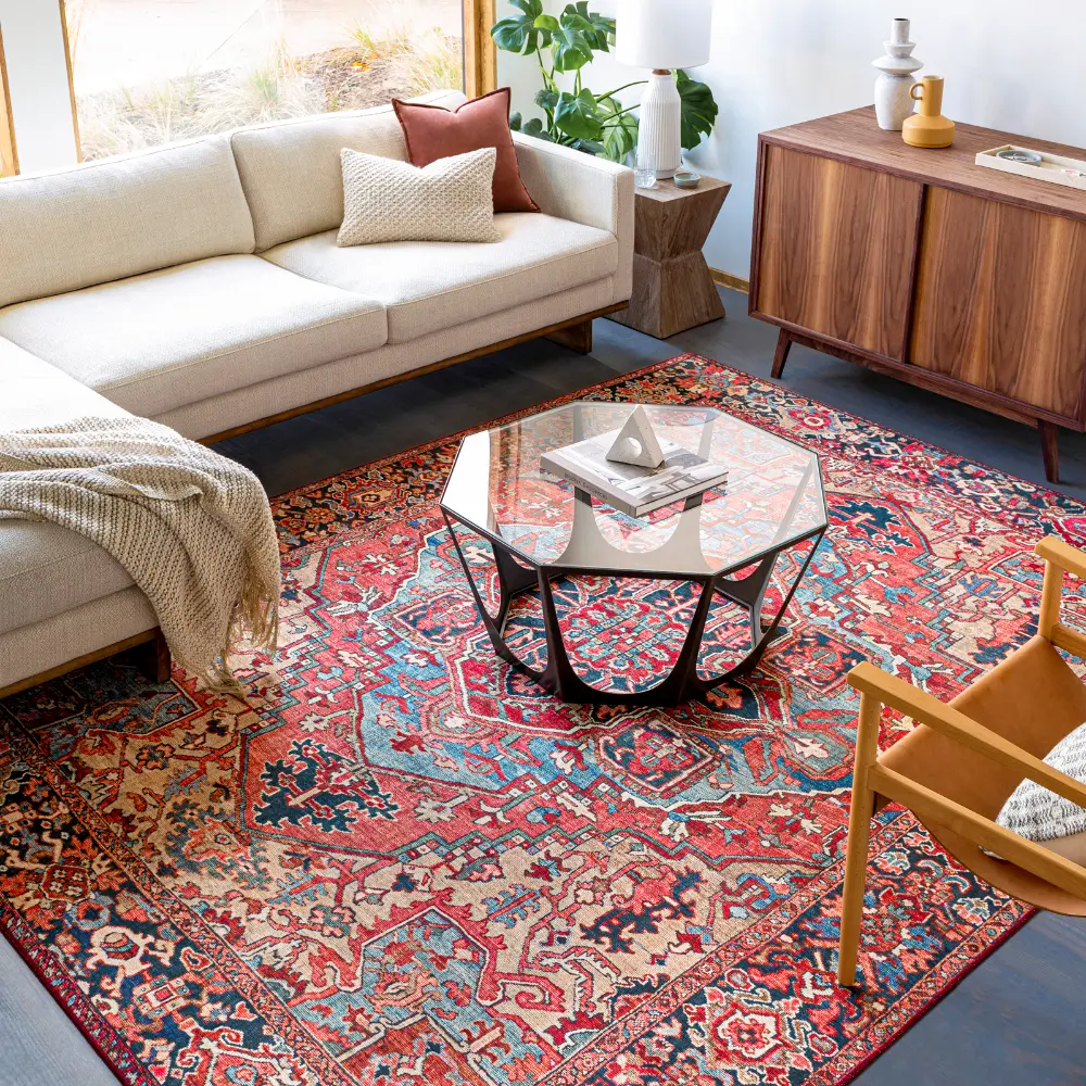 Viorica Vintage Oriental Boho Bright Red/Navy/Wheat/Ice Blue/Grass Rug - Image 3