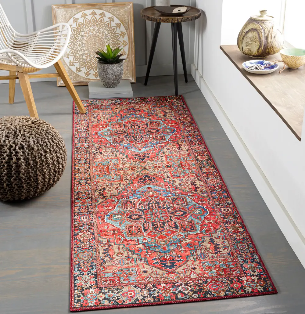 Viorica Vintage Oriental Boho Bright Red/Navy/Wheat/Ice Blue/Grass Rug - Image 5