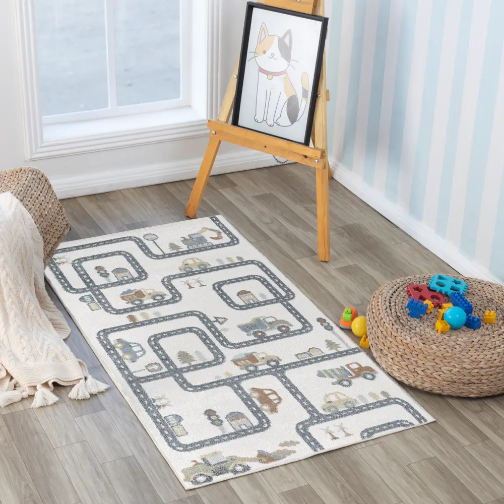 Vroomville Kids Machine Washable Beige/Grey Bedroom Rug - Image 2