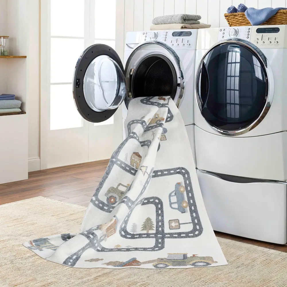 Vroomville Kids Machine Washable Beige/Grey Bedroom Rug - Image 4