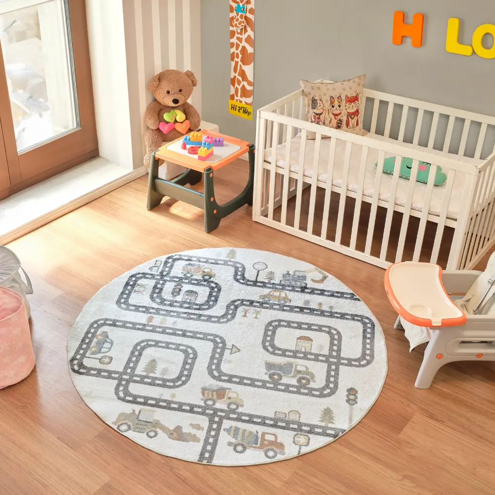 Vroomville Kids Machine Washable Beige/Grey Bedroom Rug - Image 6