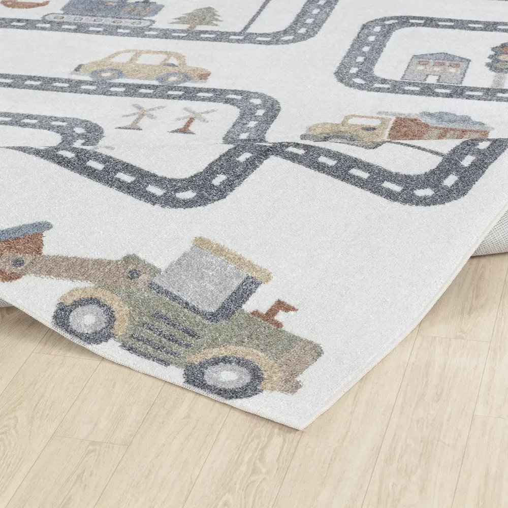 Vroomville Kids Machine Washable Beige/Grey Bedroom Rug - Image 7