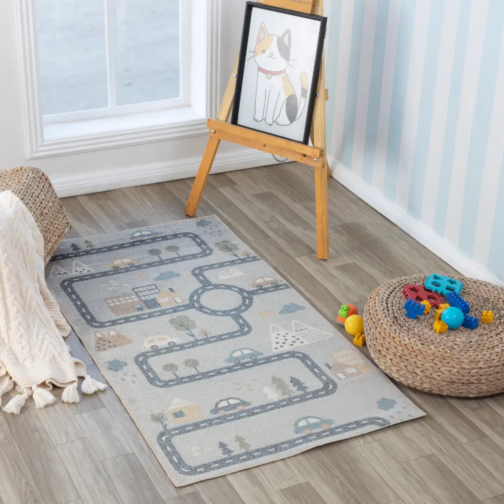 Vroomville Kids Machine Washable Blue/Grey Bedroom Rug - Image 6