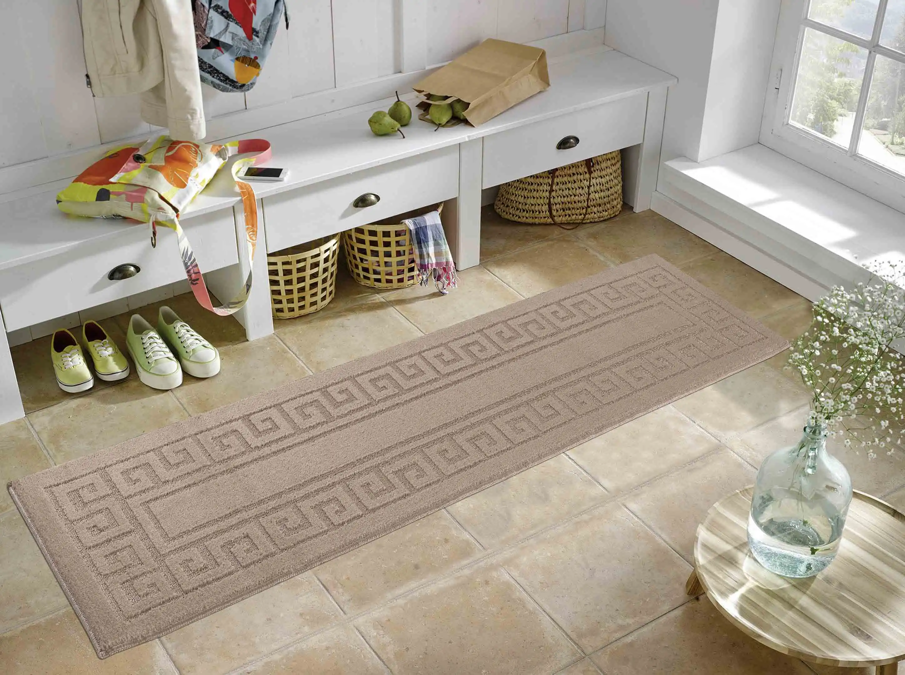 Washable 9mm Gel-Back Ivy Greek Key Beige Rug - Image 4