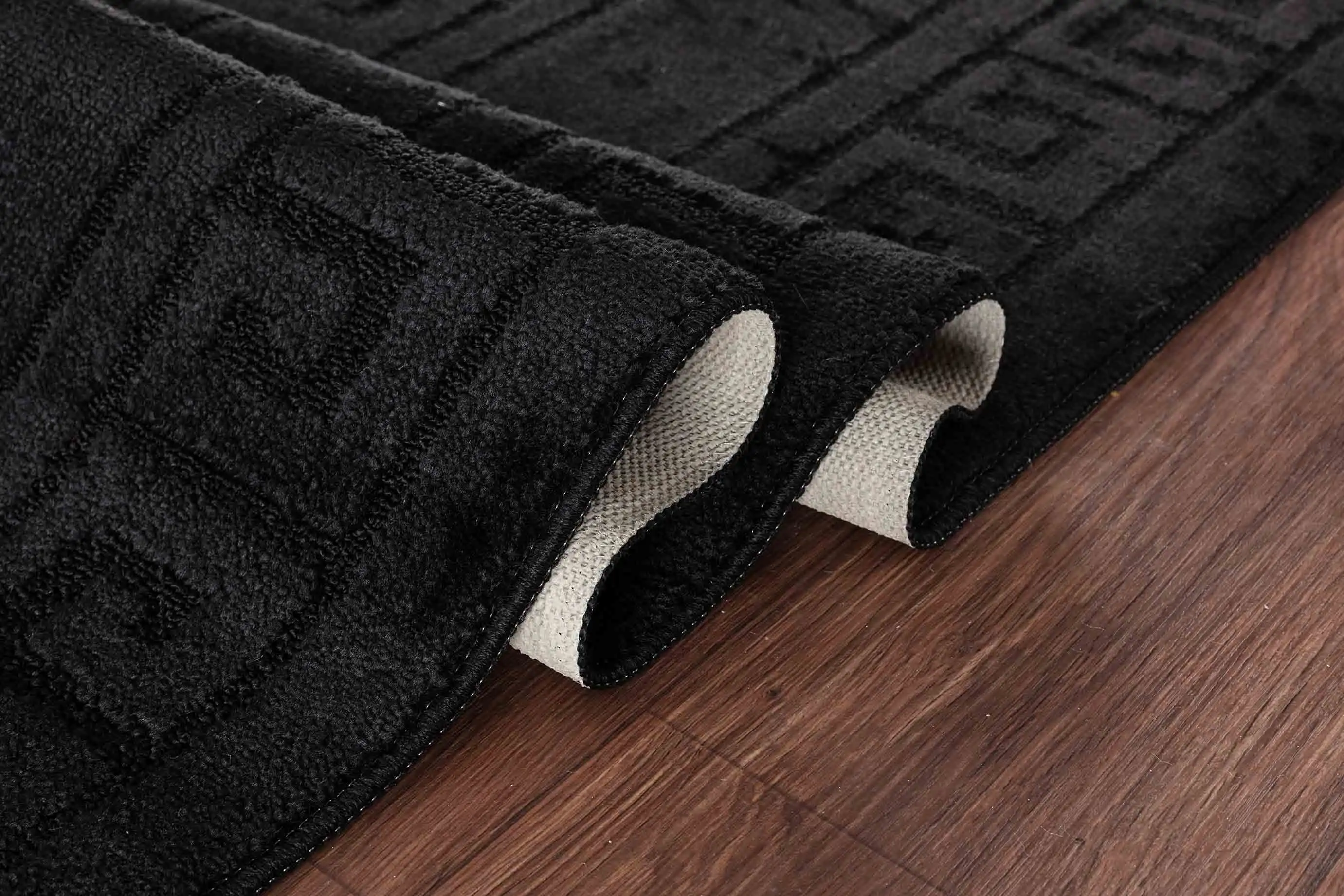 Washable 9mm Gel-Back Ivy Greek Key Black Rug - Image 3