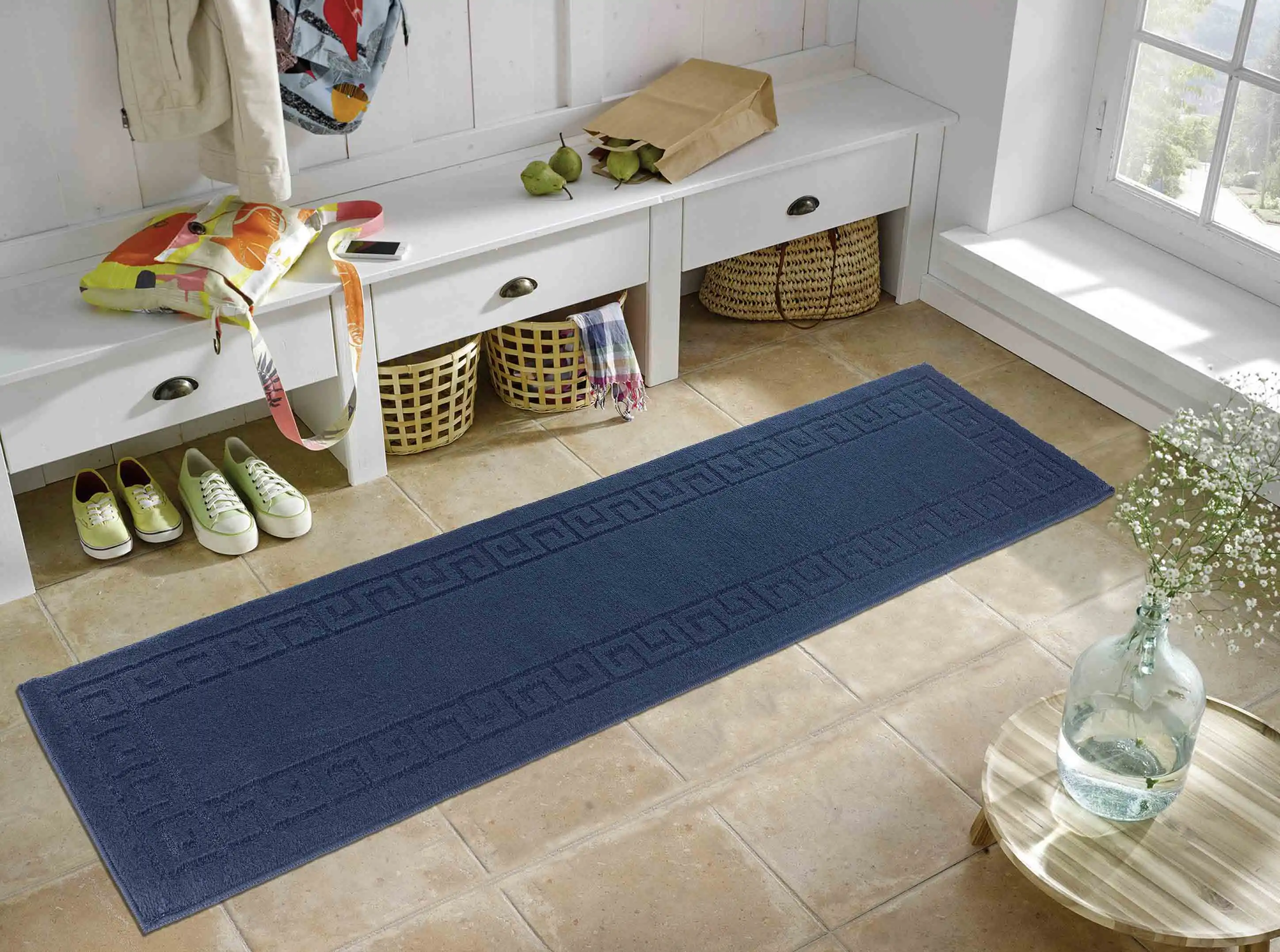 Washable 9mm Gel-Back Ivy Greek Key Navy Rug - Image 4