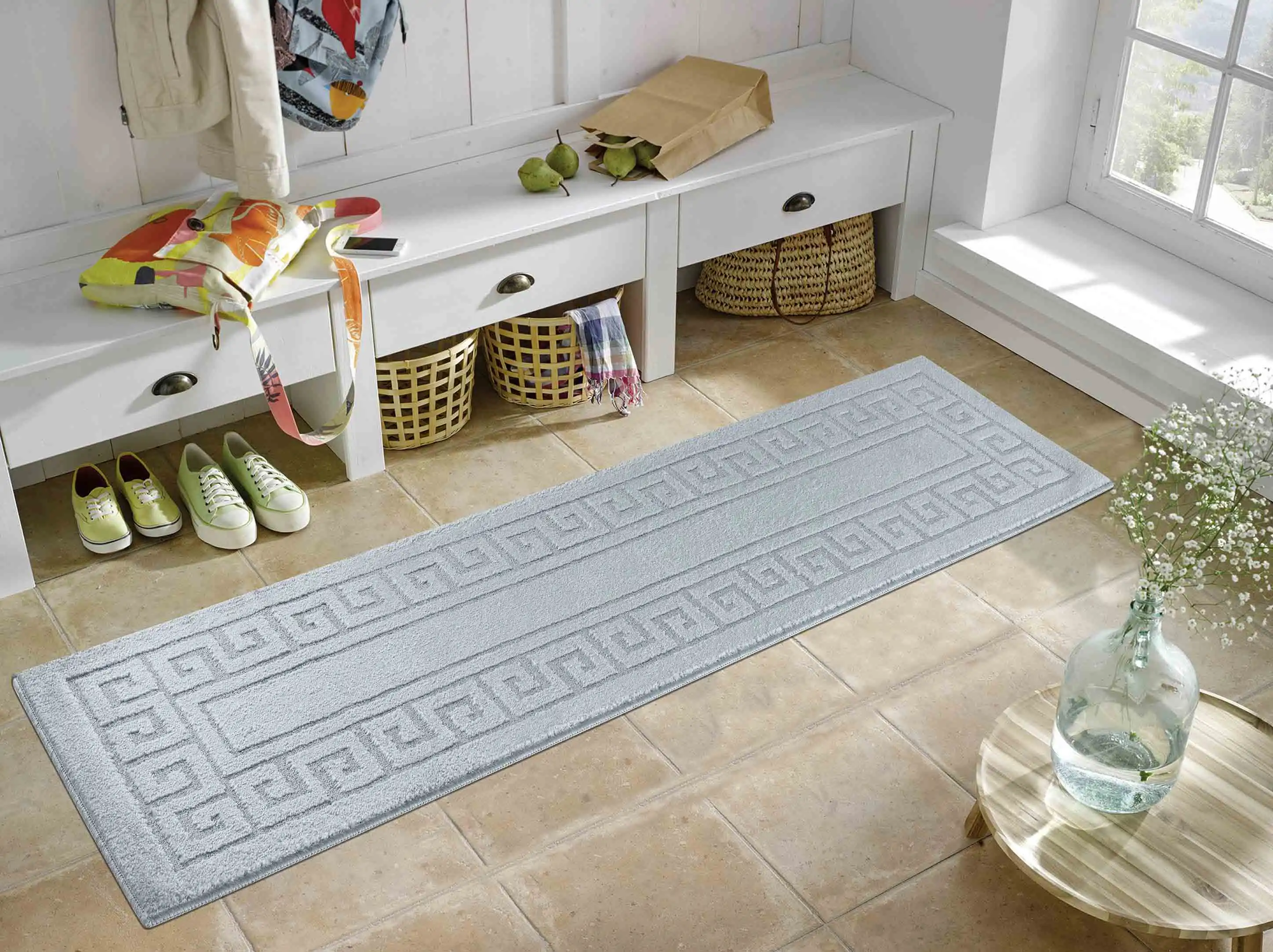 Washable 9mm Gel-Back Ivy Greek Key Silver Rug - Image 4