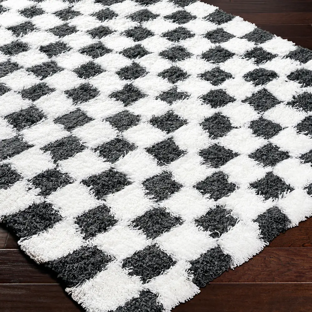 Willa Shaggy Modern Plush Pile Black Checkered Rug - Image 2