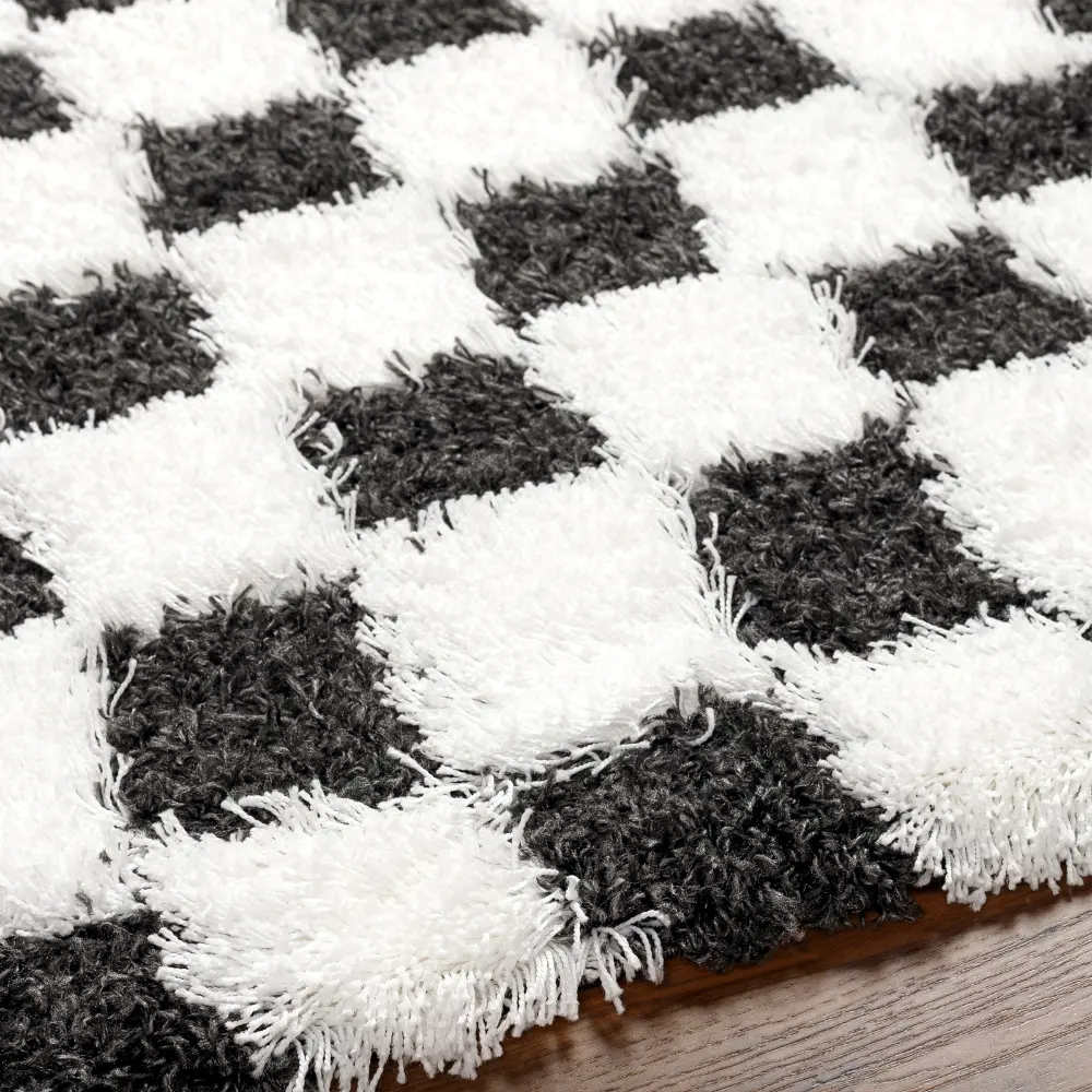 Willa Shaggy Modern Plush Pile Black Checkered Rug - Image 5