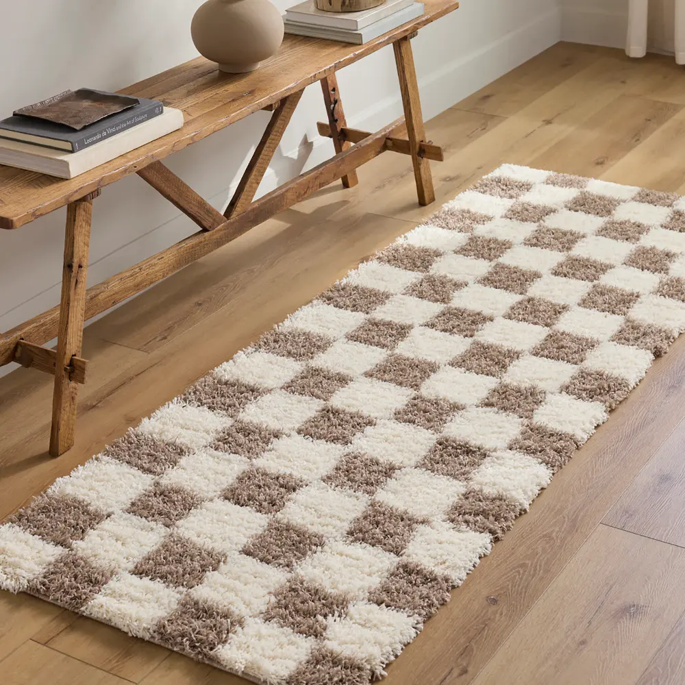 Willa Shaggy Modern Plush Pile Brown Checkered Rug - Image 3